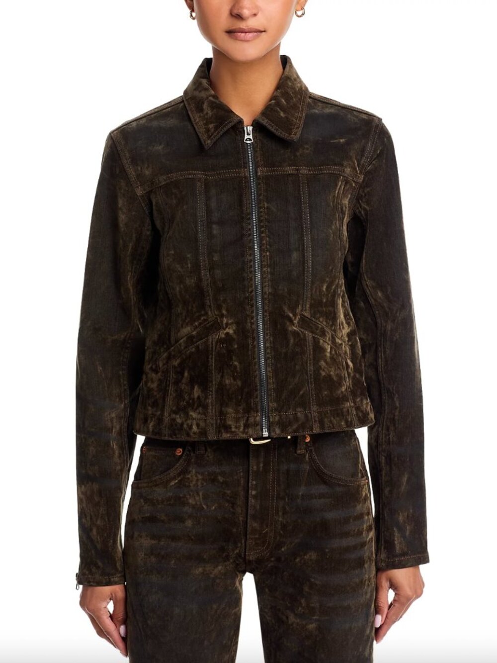 $465 NT Re/Done Green Olive Branch Velvet Slim Bomber Zip Jacket size Small